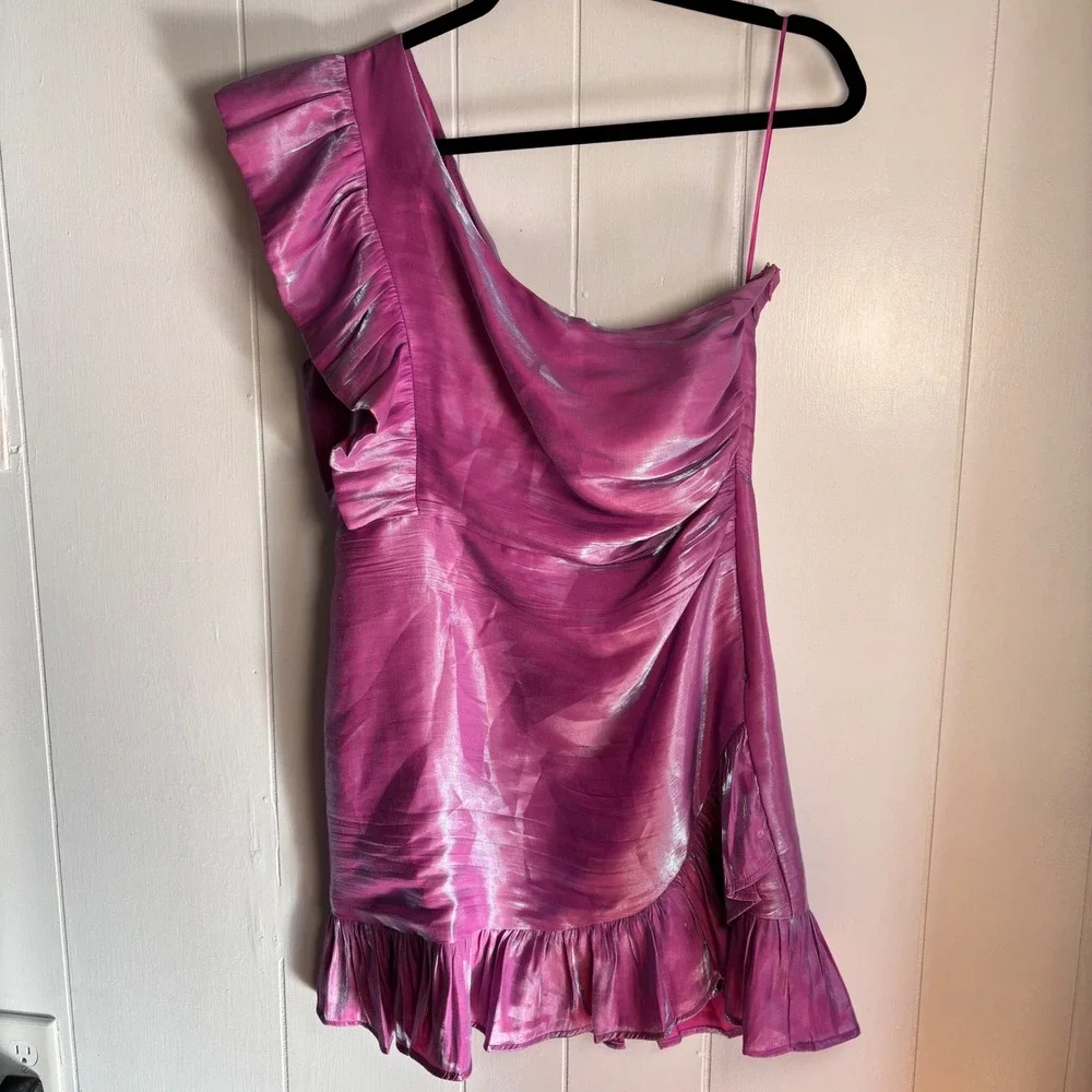 Hausen Purple Iridescent One Shoulder Ruffle Ruched Mini Dress Sz‎ Large Event